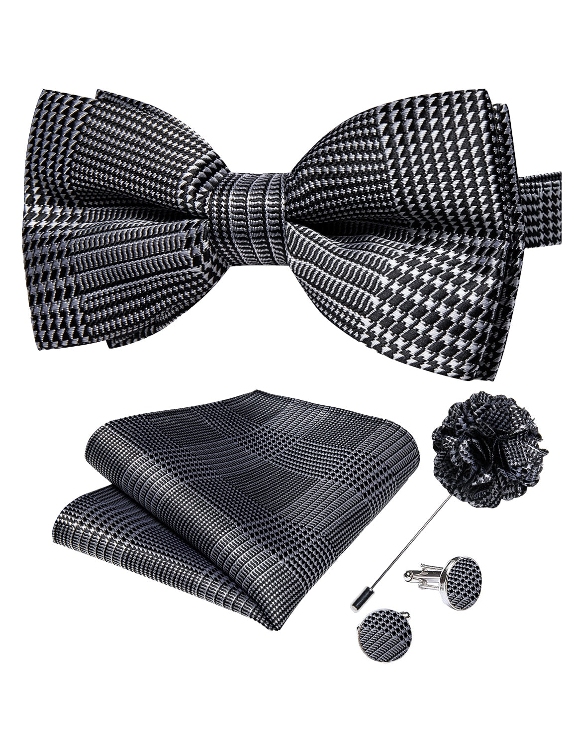 Classic red pre-tied wedding bow tie and cufflinks set with silk butterfly knot and corsage, stylish accessories for men.