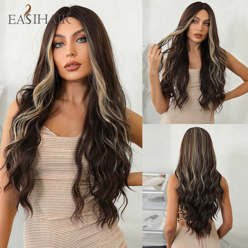 Long synthetic wig with brown and blonde waves, featuring bangs, heat-resistant, suitable for daily wear and cosplay.