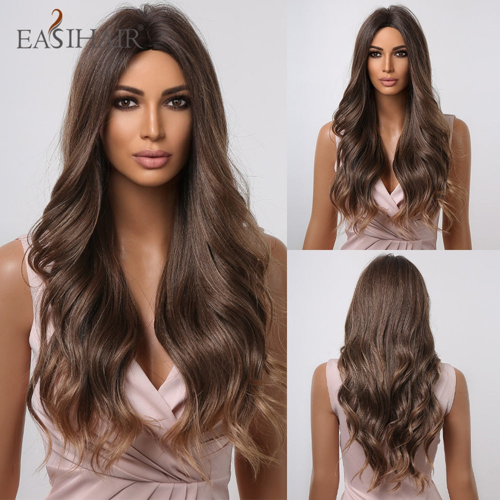 Long wavy synthetic wig with ombre brown, gray, and blonde shades, featuring a middle part, heat-resistant for cosplay and daily wear.