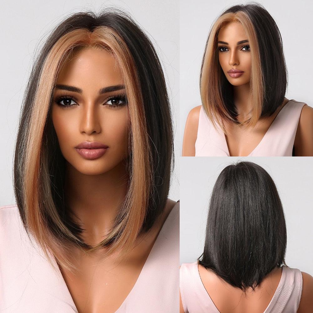 Blonde to brown ombre short straight synthetic wig with bangs for women, heat resistant cosplay and party accessory.