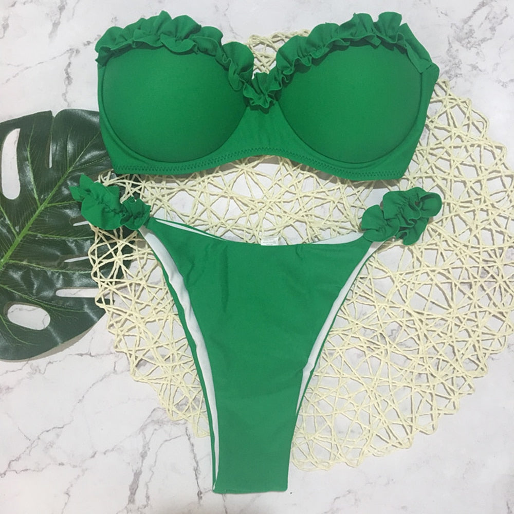 Leopard print 2-piece bandeau bikini swimwear for women with ruffle details and push-up design, by The Clothing Company Sydney.