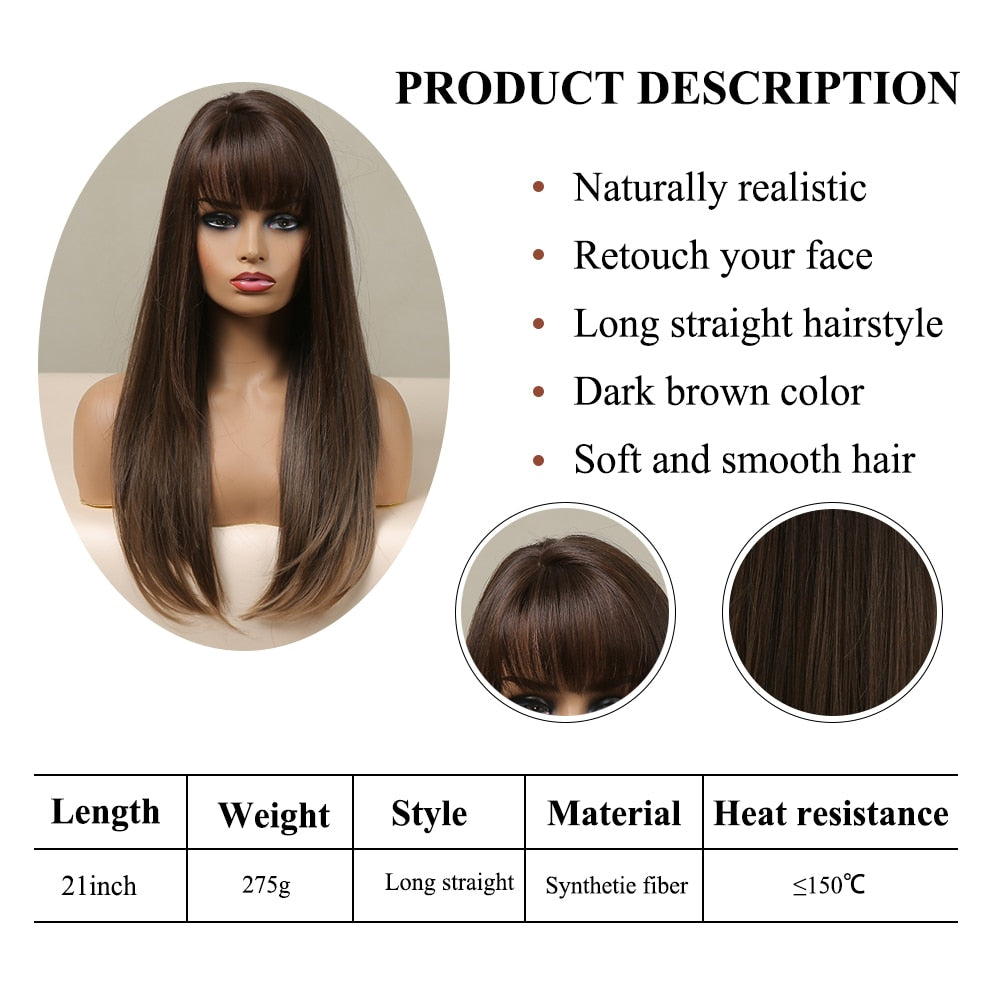 Brown straight synthetic wig with bangs, layered style, heat-resistant, for women’s daily wear, cosplay, and parties.