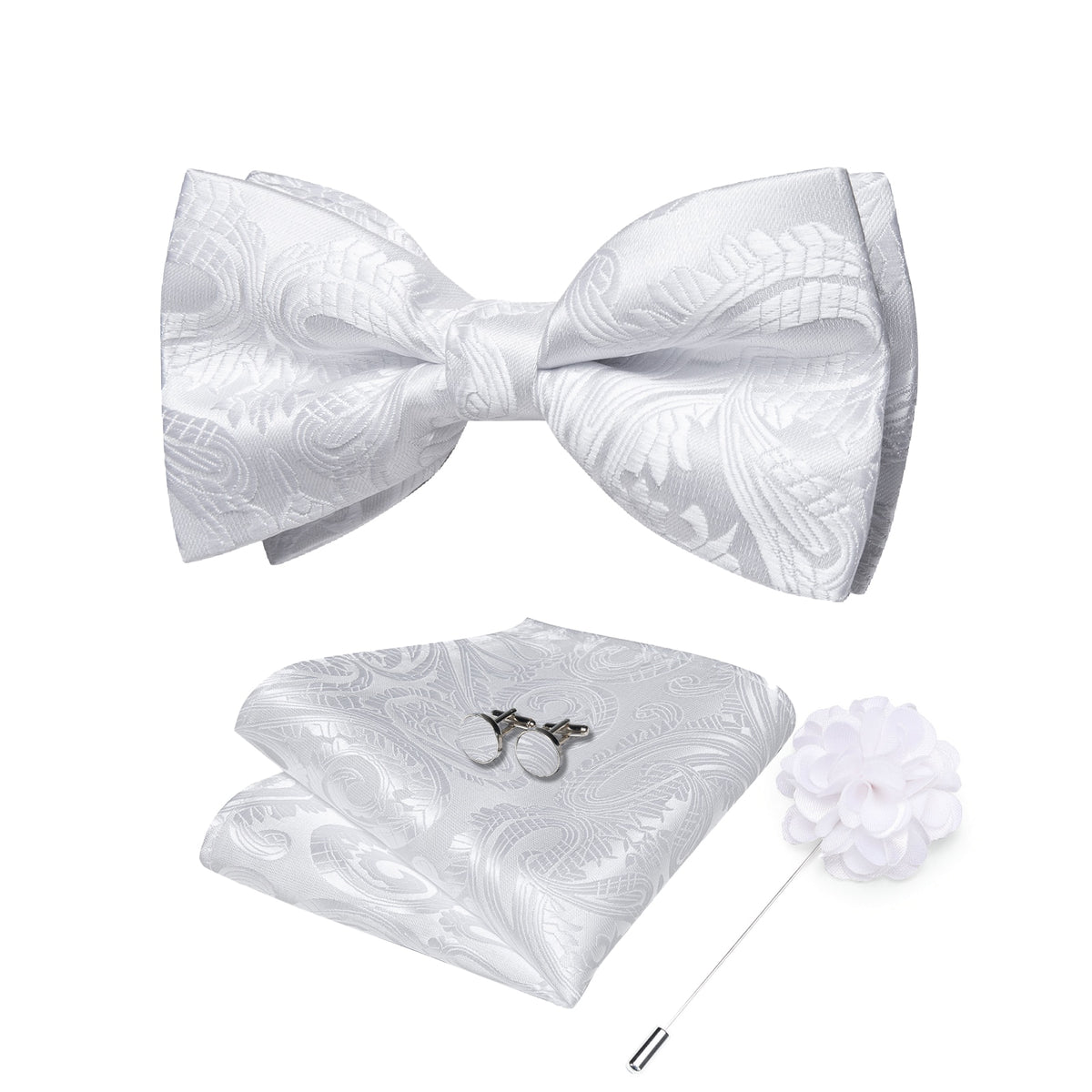 Red pre-tied wedding bow tie and cufflink set for men, silk butterfly knot, includes corsage, accessories for formal parties.