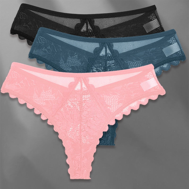 Three lace G-string panties from The Clothing Company Sydney, soft lingerie thongs with delicate lace details in a set.