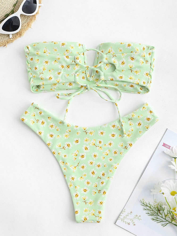 V-wired ruffle ribbed high cut bikini swimsuit by The Clothing Company Sydney featuring strapless design, lace-up front, and removable padding.