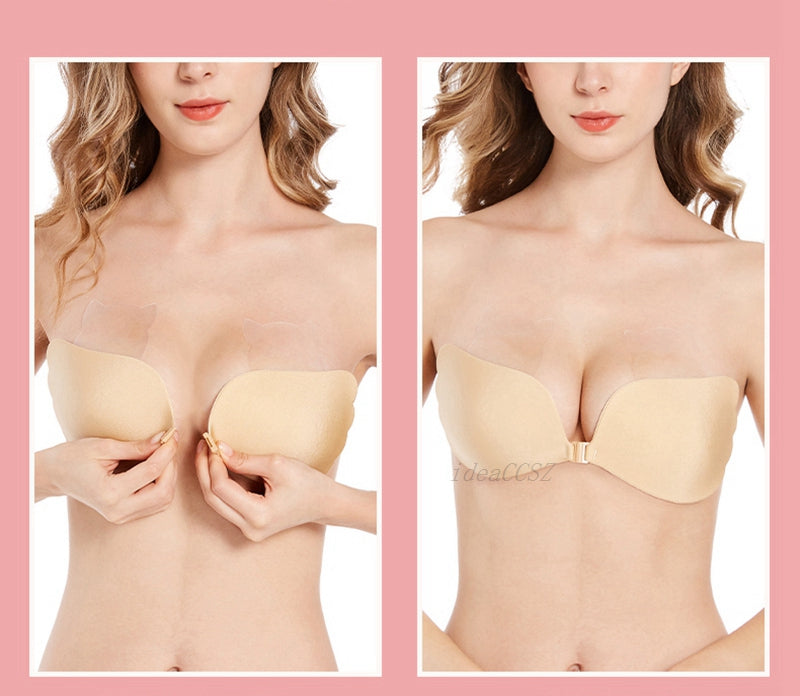 Invisible silicone push-up bra with transparent straps, backless design, reusable, ideal for wedding lingerie and bralette tops