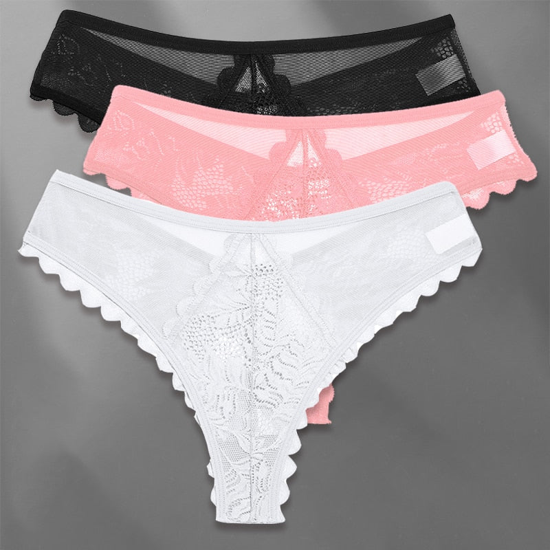 Three lace G-string panties from The Clothing Company Sydney, soft and feminine lingerie underwear set, perspective view.