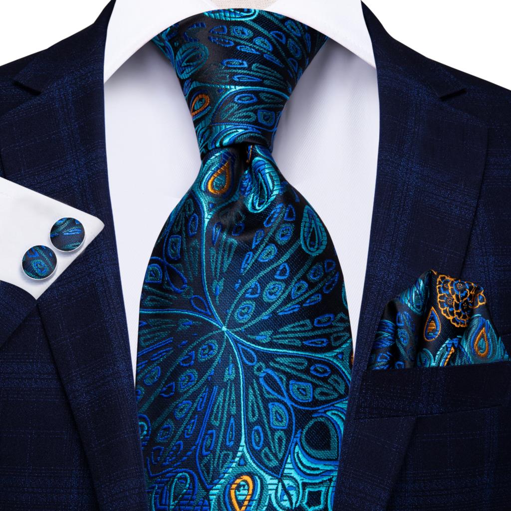 Blue silk men's business tie with dot pattern, plaid design, and matching cufflinks, 150cm necktie for wedding or business attire.