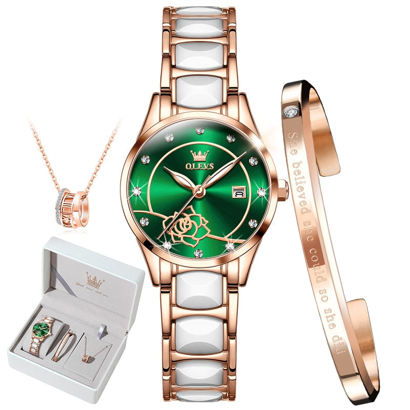 Luxury OLEVS ladies watch with ceramic band, Japan quartz movement, water resistance up to 30M, elegant women's timepiece.