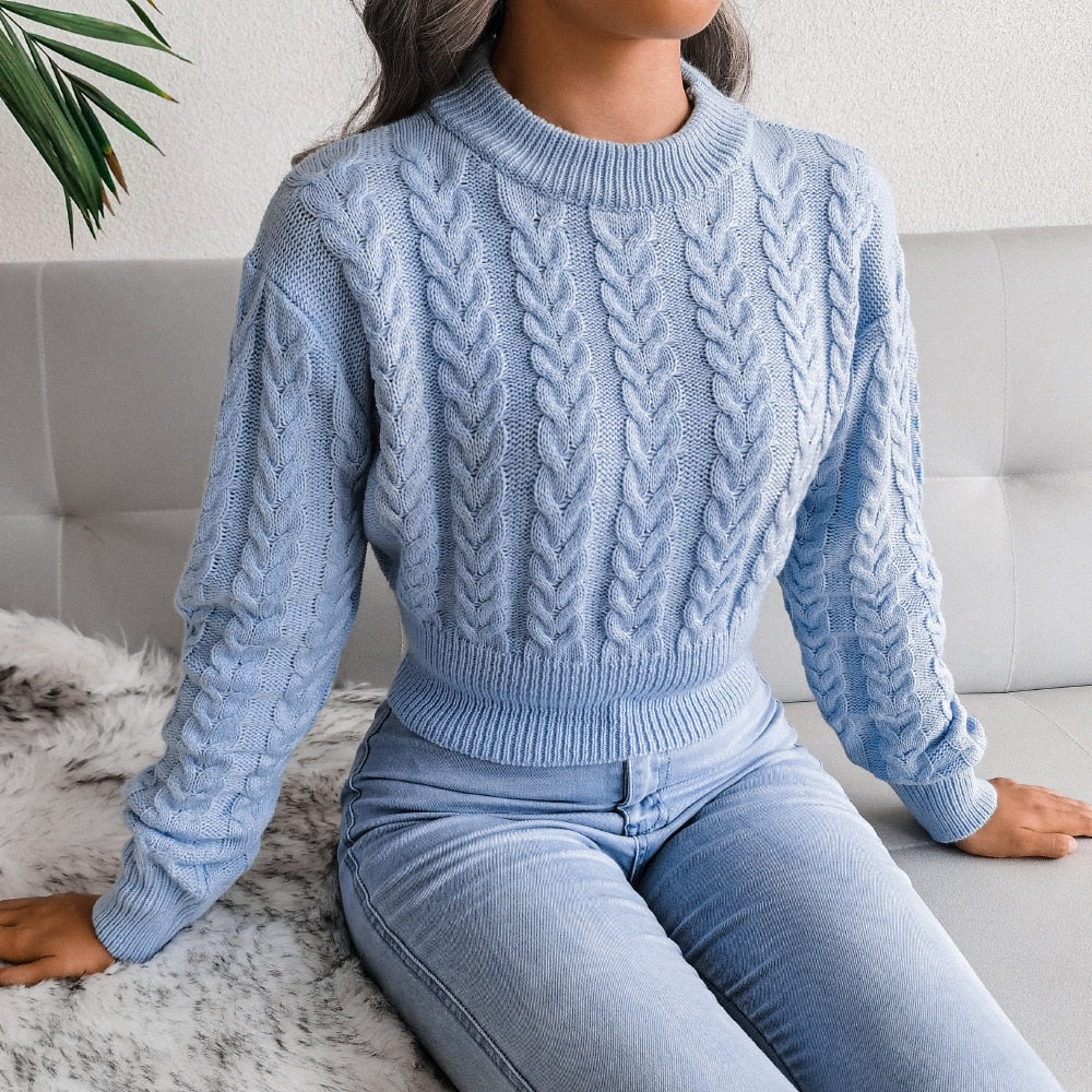 Women's long sleeve knit crop sweater by The Clothing Company Sydney, featuring a twist neckline and slim fit for autumn and winter.