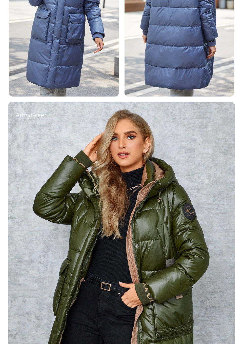 Women's long down jacket by The Clothing Company Sydney with hood, stand collar, slim fit, zipper closure, and large pockets.