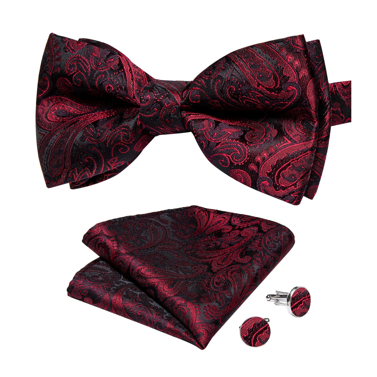 Classic red men's wedding bow tie set with silk butterfly knot, cufflinks, and corsage, perfect for formal parties and special occasions.