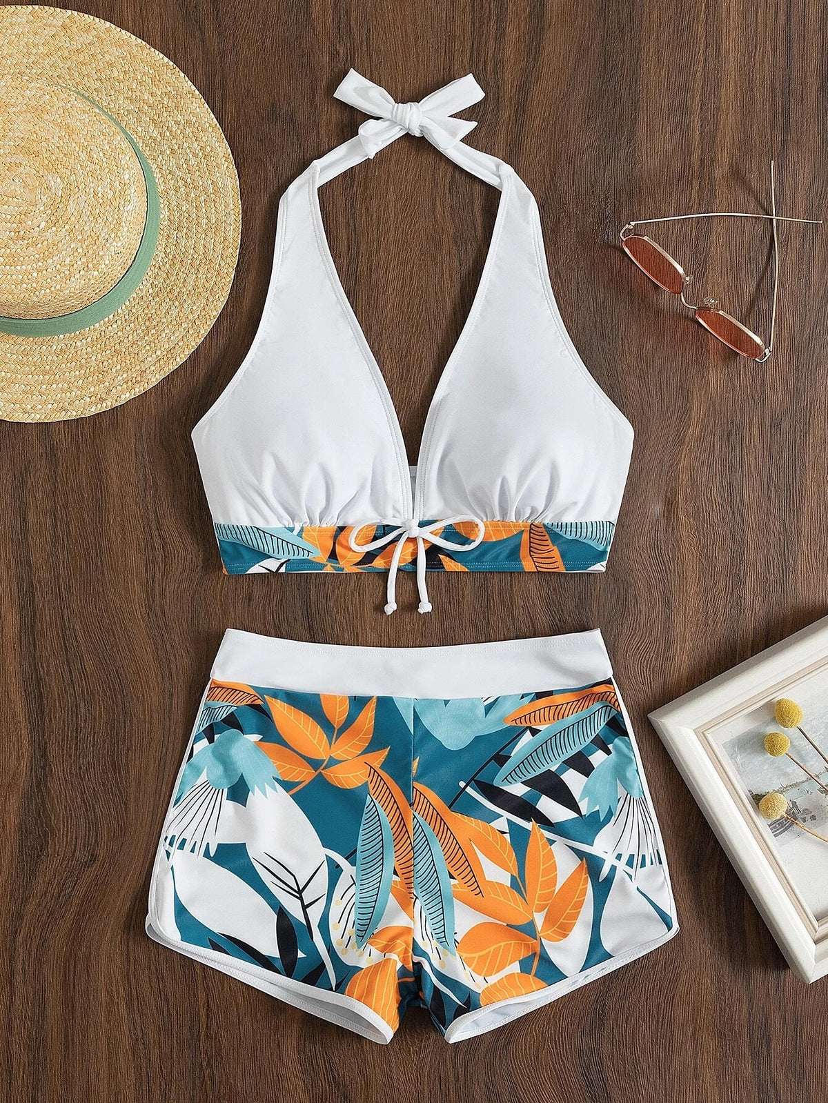 Backless high-waist push-up bikini set with print tie halter top and shorts from The Clothing Company Sydney, designed for beachwear.