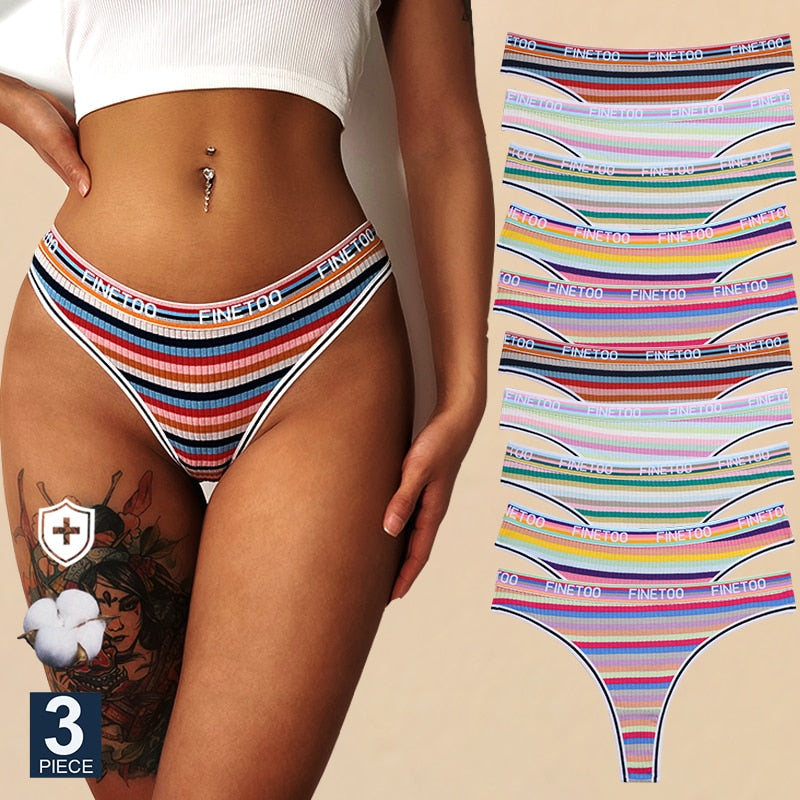 Three colorful striped cotton seamless G-string lingerie panties with letter waist design, available in sizes S to XL.