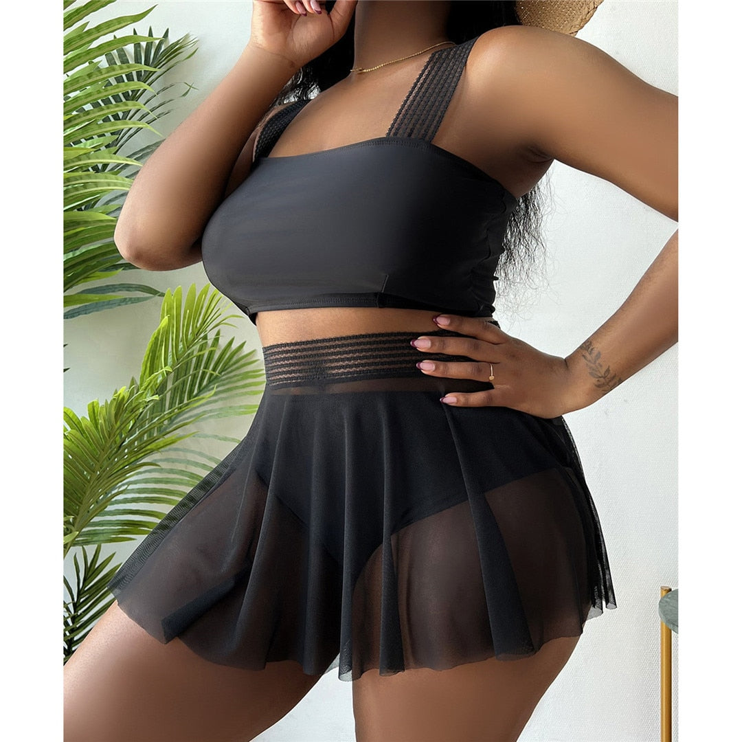 Plus size three-piece bikini set with skirt by The Clothing Company Sydney, featuring a stylish swimwear design for women.