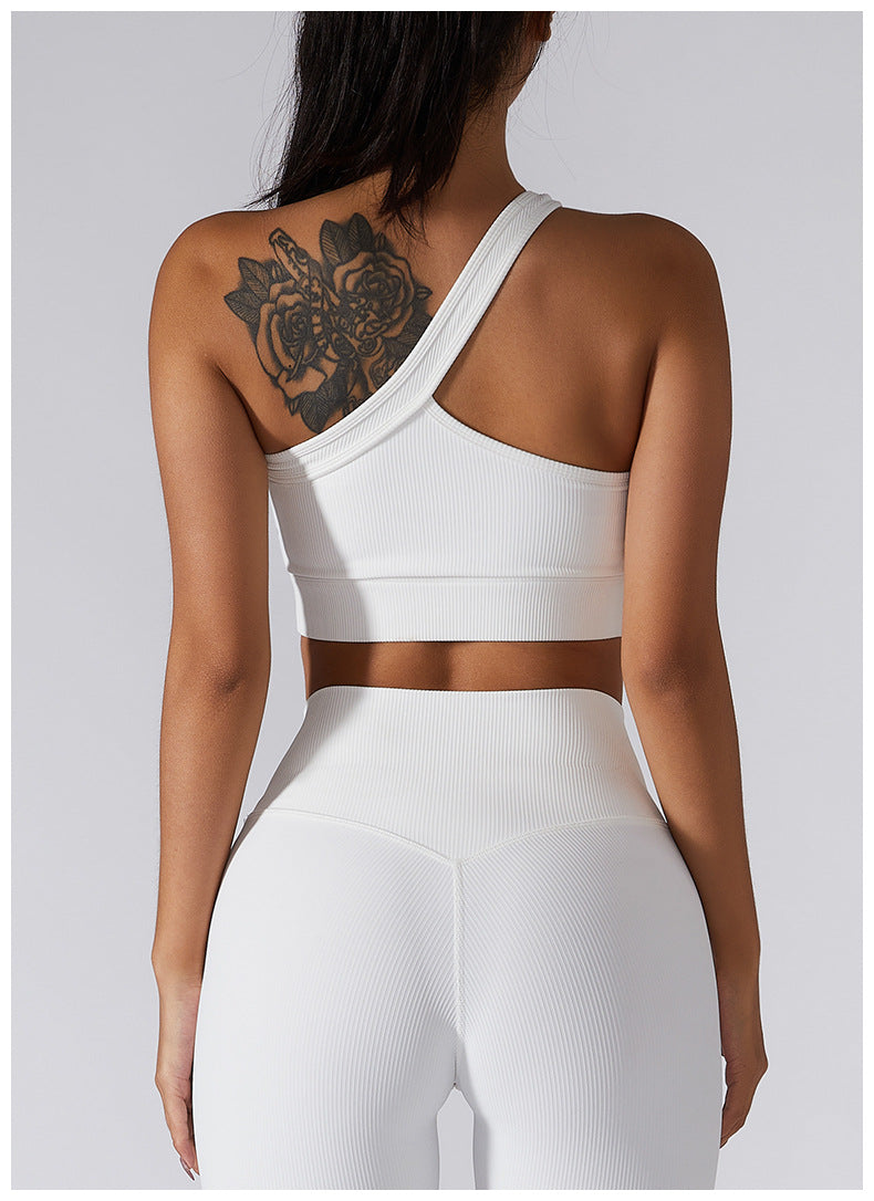 Seamless thread fabric fitness bra with single shoulder strap, ideal for gym, yoga, and running from The Clothing Company Sydney.