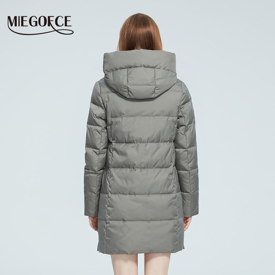 Women's winter jacket with stand collar, hood, big pockets, and windproof design from The Clothing Company Sydney.