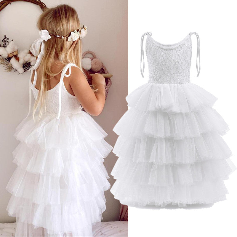 Kids girls summer princess costume featuring sleeveless layered tulle dress with flower accents, ideal for beach or birthday parties.