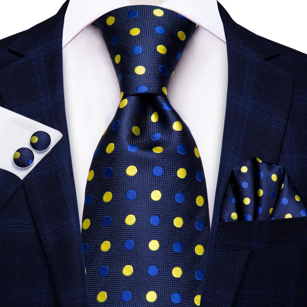 Blue silk business tie with dots, plaid pattern, matching cufflinks, 150cm length, men's accessories for wedding and business.
