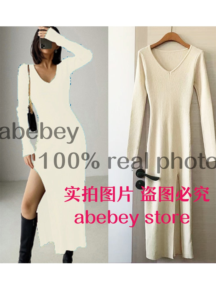 Slim fit long sleeve slit sweater dress by The Clothing Company Sydney, featuring a hip-hugging knit design over the knee.