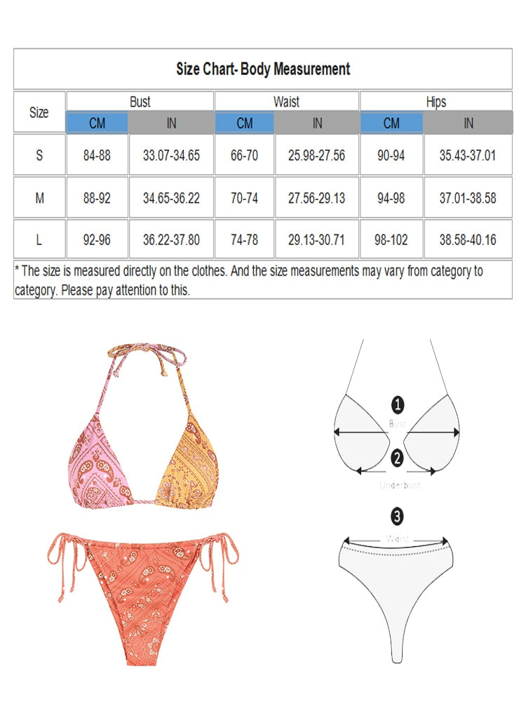 Two-piece ribbed bohemian paisley print bikini set with tie-side bottoms and halter top, in colorful colorblock design.