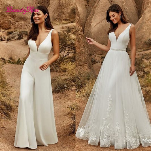 2 In 1 Wedding Jumpsuit With Detachable Skirt Two Piece Bridal Dresses Pants Suit Lace Tulle V-Neck Sweep Train Gowns The Clothing Company Sydney