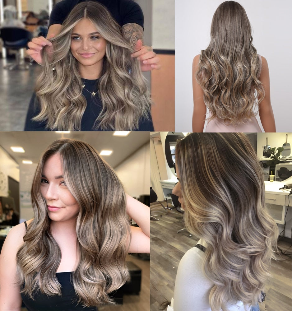Long wavy synthetic wig with ombre brown, gray ash, and blonde highlights, featuring a middle part, for women’s cosplay and daily wear.