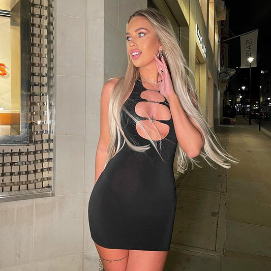 Print Halter Neck Cut Out Bodycon Mini Half Sleeve Backless Stretchy Summer Y2K Dress The Clothing Company Sydney