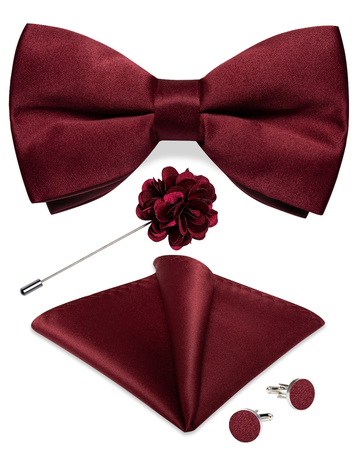 Classic red pre-tied wedding bow tie set with silk butterfly knot, cufflinks, and corsage for men by The Clothing Company Sydney