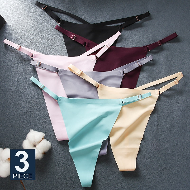 Three-pack seamless women's G-string underwear set by The Clothing Company Sydney, featuring adjustable straps and ice silk material.