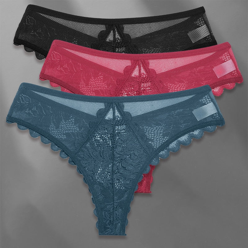 Three-pack lace G-string panties from The Clothing Company Sydney, showcasing soft, feminine lingerie with delicate lace details.