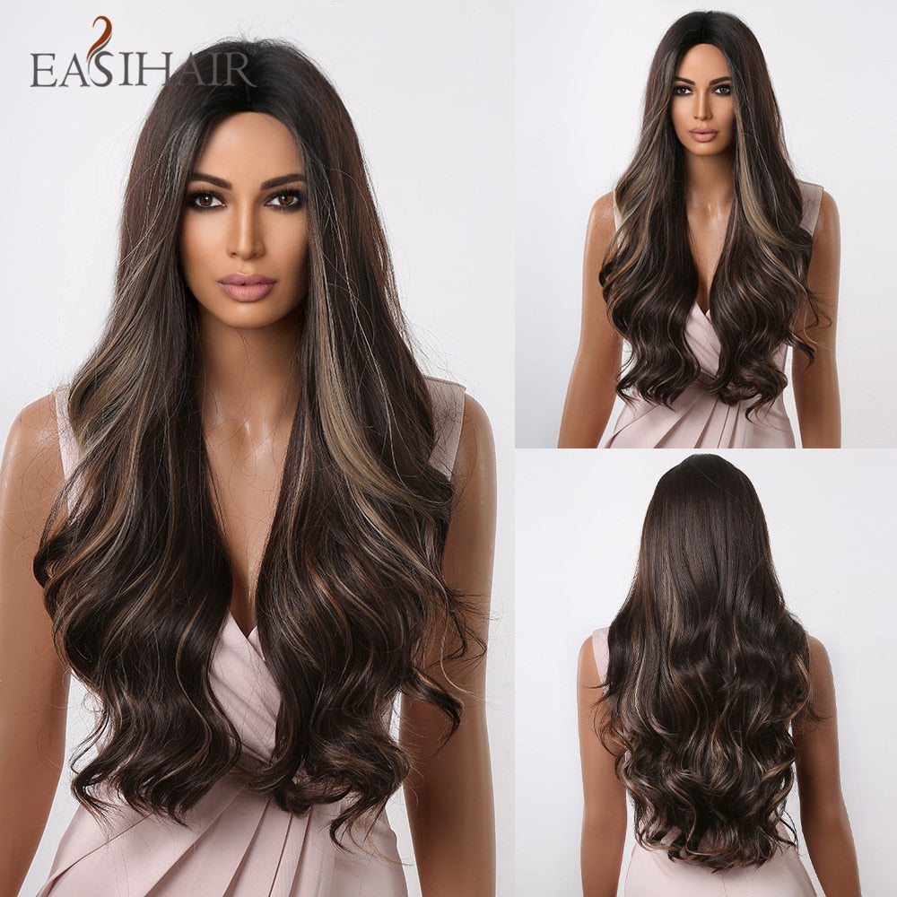 Long wavy synthetic wig with brown and blonde tones, featuring bangs, heat-resistant for daily wear or cosplay, by The Clothing Company Sydney