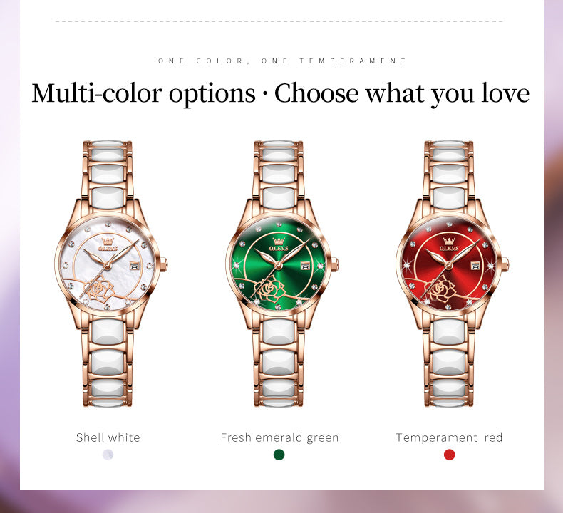 Elegant ladies' ceramic watch by Clothing Company Sydney featuring OLEVS luxury quartz Japan movement and 30M water resistance.