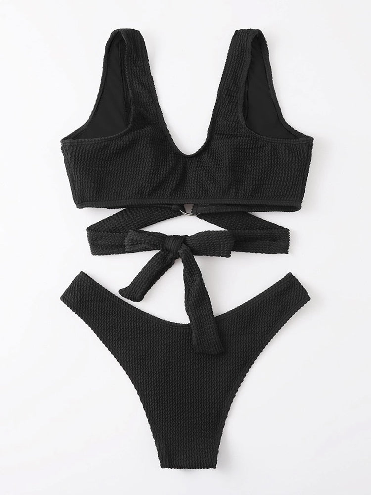 Metal ring textured bikini swimsuit by The Clothing Company Sydney, featuring a push-up design, bandage style, and beach-ready swimwear.