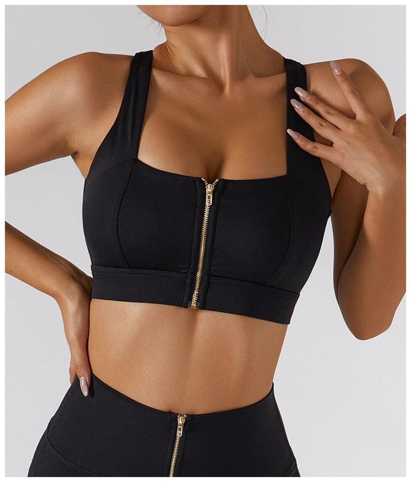 Women's yoga set by The Clothing Company Sydney, high waist leggings with skirt and zipper sports bra for gym and fitness workouts.