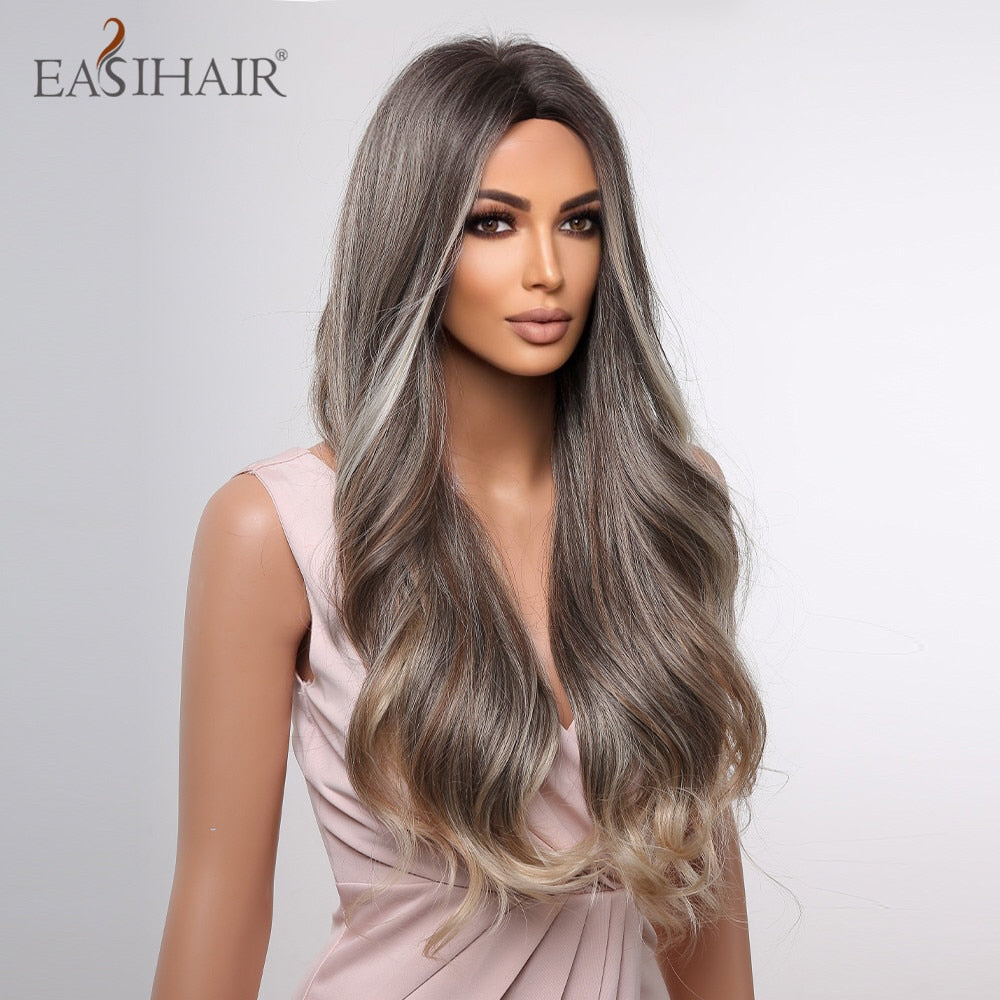 Long wavy synthetic wig with ombre brown, gray, and ash tones, middle part, suitable for daily wear or cosplay by women.