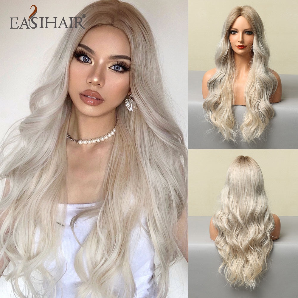 Long wavy synthetic wig with brown and blonde tones, featuring bangs, designed for women’s daily wear and cosplay by The Clothing Company Sydney.