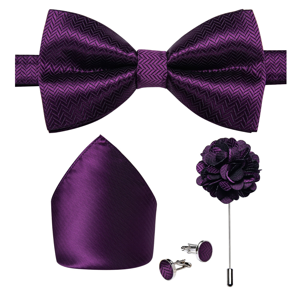 Classic red pre-tied wedding bow tie with matching cufflinks and corsage set, silk butterfly knot accessory for men's formal attire