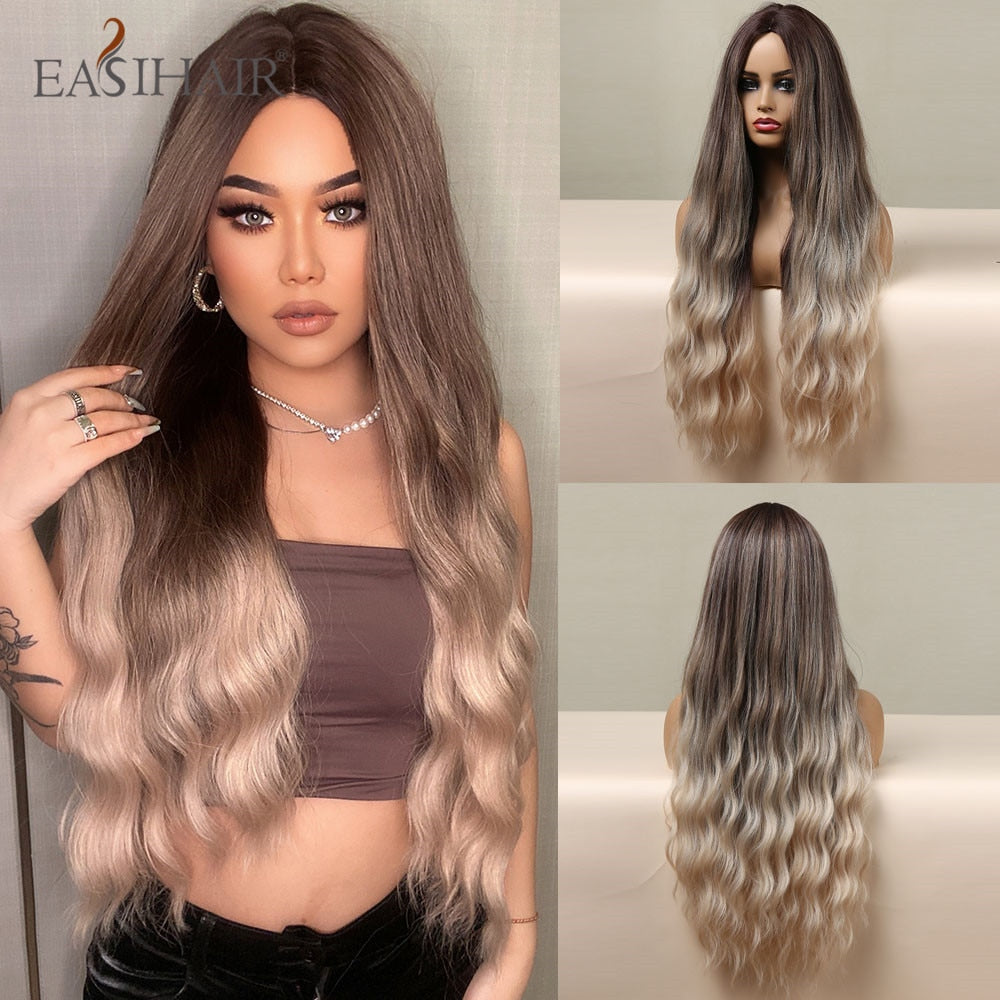 Long wavy synthetic wig with ombre brown, gray, and blonde shades, featuring a middle part for women’s daily cosplay accessories.