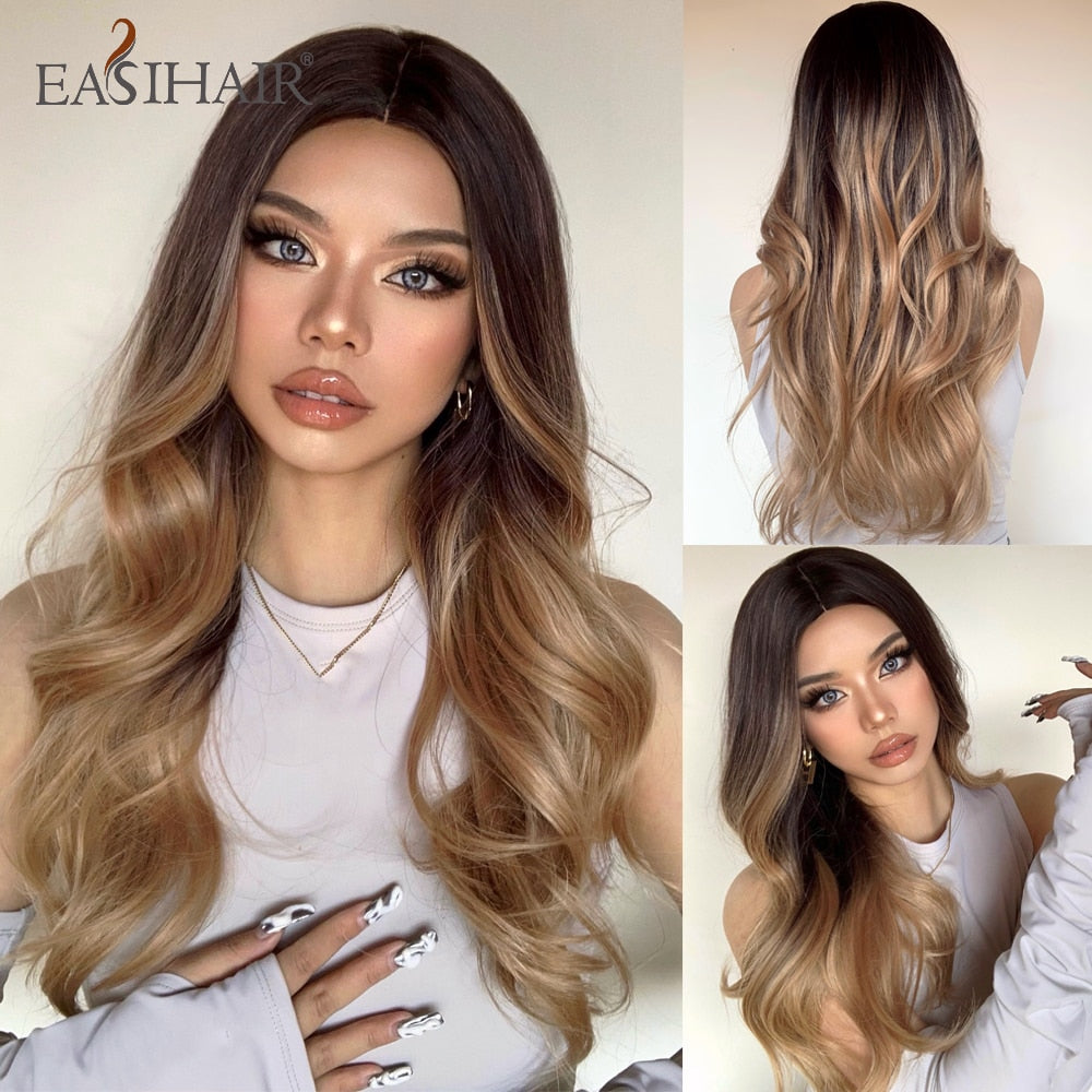Long wavy synthetic wig with ombre brown, gray, and blonde shades, featuring a middle part, heat-resistant, for women’s cosplay or daily wear.