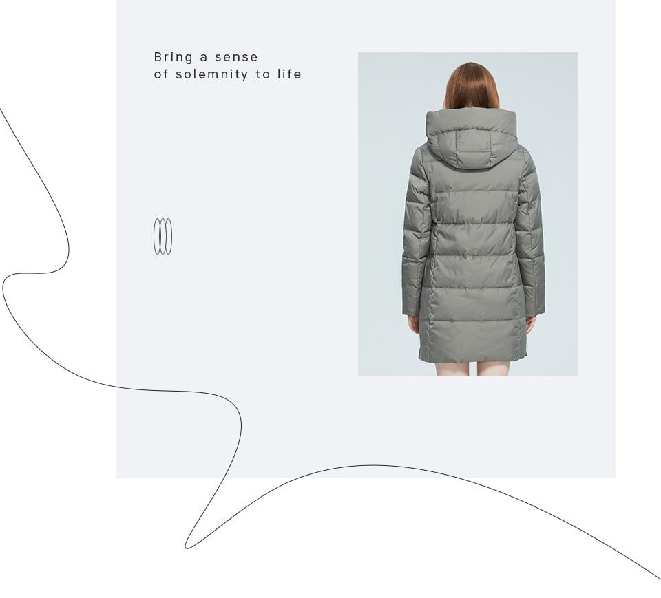 Women's winter jacket by The Clothing Company Sydney, hooded mid-length parka with stand collar, large pockets, windproof and cold protection.