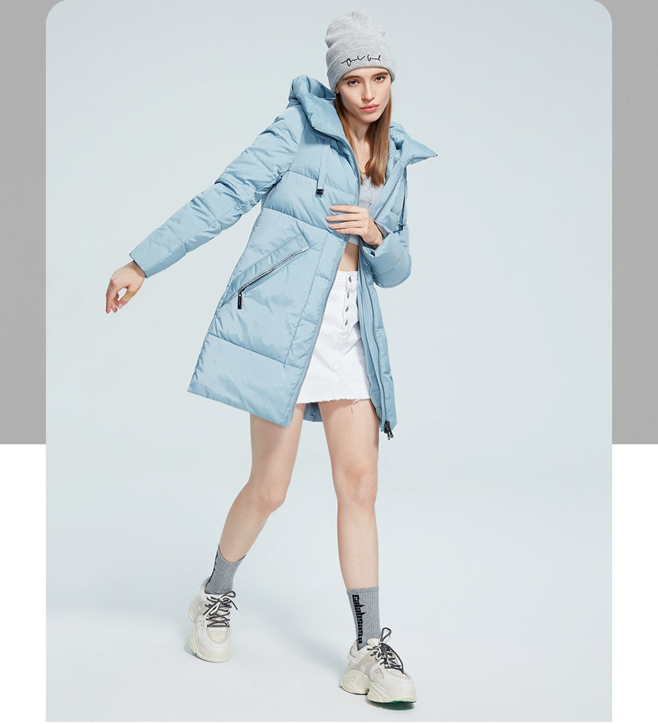 Women's winter jacket with stand collar, hood, and large pockets, windproof and mid-length from The Clothing Company Sydney.