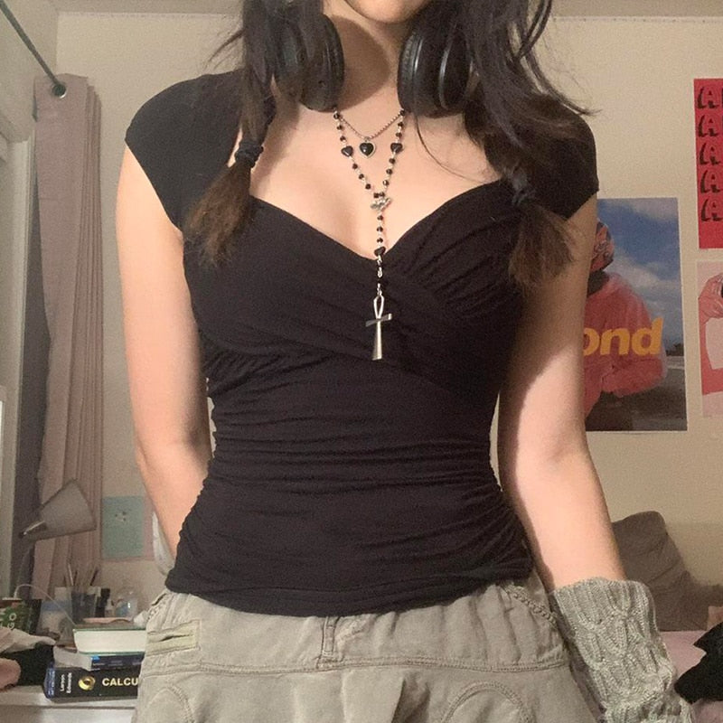 Black Y2K cross crop top with square collar, short sleeves, and chic grunge style from The Clothing Company Sydney.