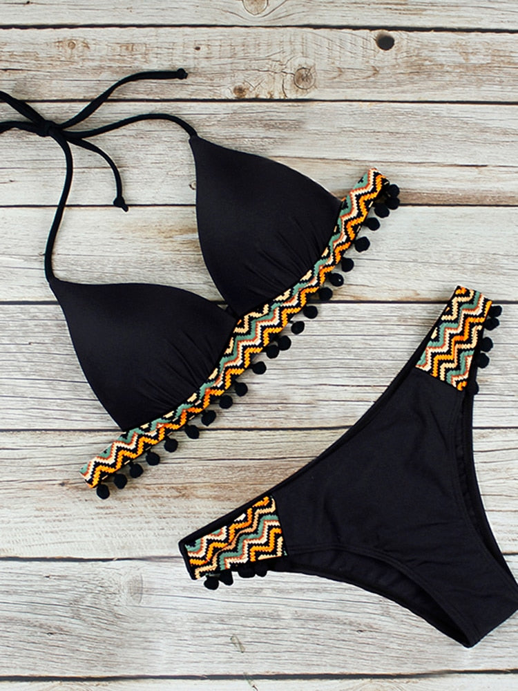 Black leopard print bikini set with tassels, push-up design, and Brazilian style for summer beachwear from The Clothing Company Sydney.