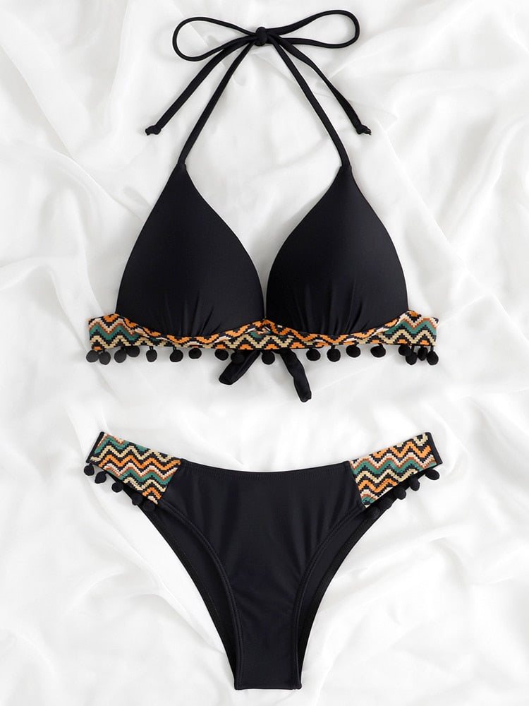 Black leopard print bikini set with tassels, push-up swimwear by The Clothing Company Sydney, perfect for summer beachwear.