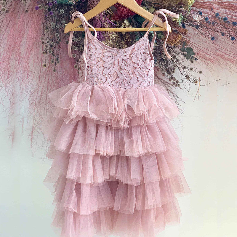 Kids' summer princess dress by The Clothing Company Sydney with sleeveless layered tulle, floral accents, perfect for birthday parties or beach days.