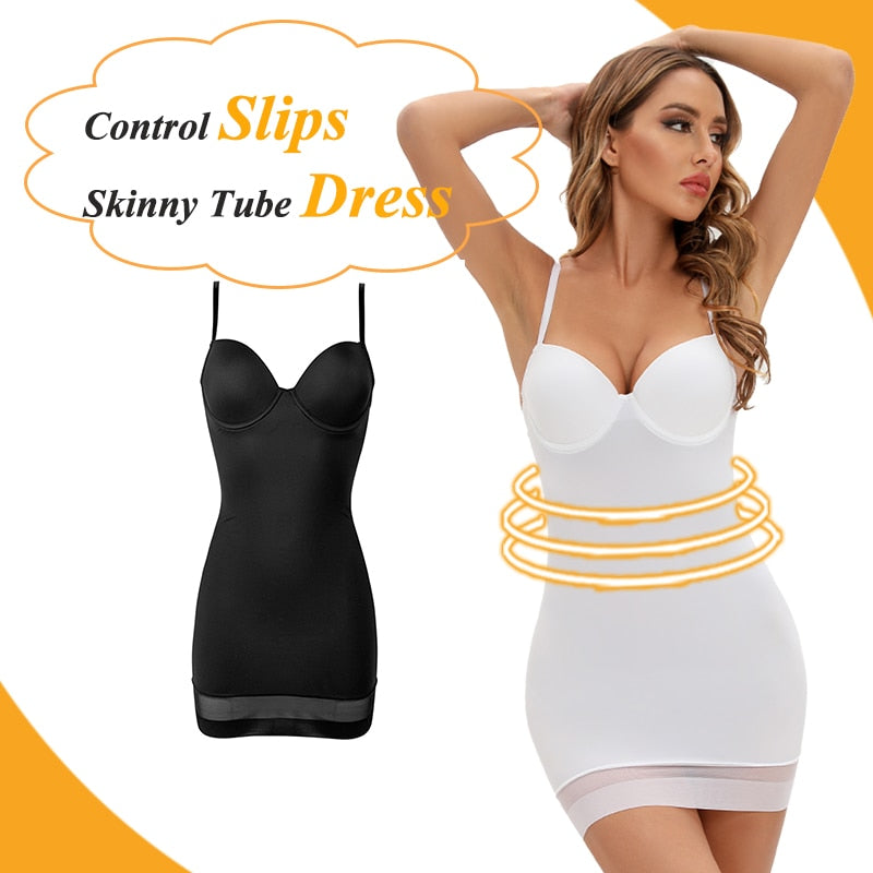 White mesh strap shapewear slip dress with underwire, designed for women, featuring a mini tube underdress for control and support.