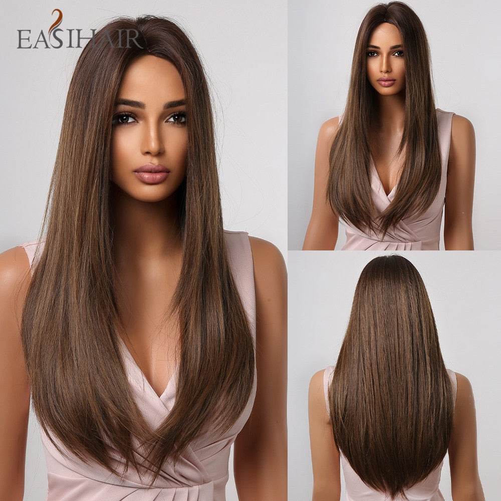 Brown straight synthetic wig with bangs, layered style, heat-resistant for women, ideal for daily wear, cosplay, and parties.