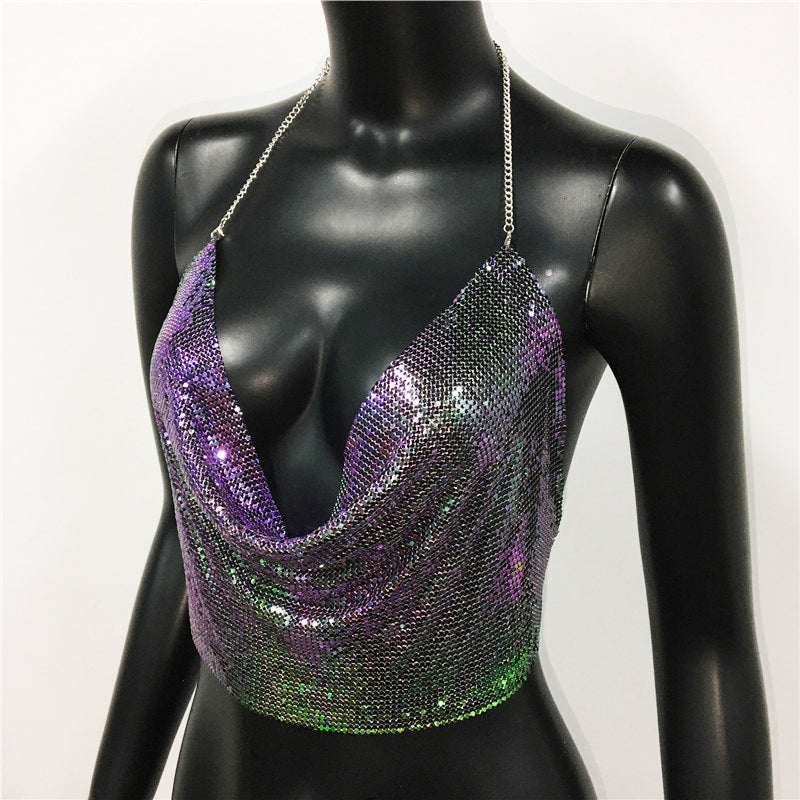 Gold and silver sequined metal tank top by The Clothing Company Sydney, backless cropped camisole perfect for summer beach club wear