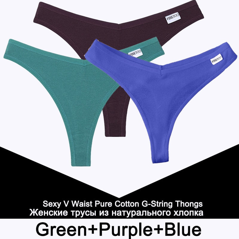 Three cotton V-waist G-string panties for women, featuring T-back design, comfortable lingerie from The Clothing Company Sydney.